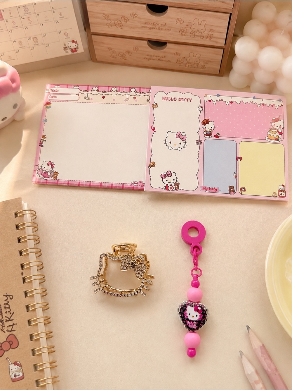 Hello Kitty bundle lot Stanley straw charm-hair claw clip- 2 mini notepads gift
